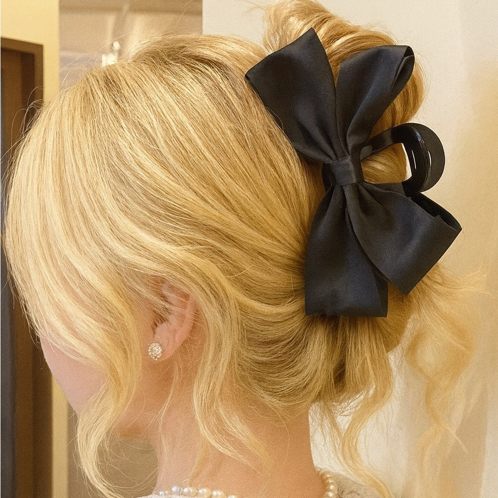 Black Hair Satin Bow Claw